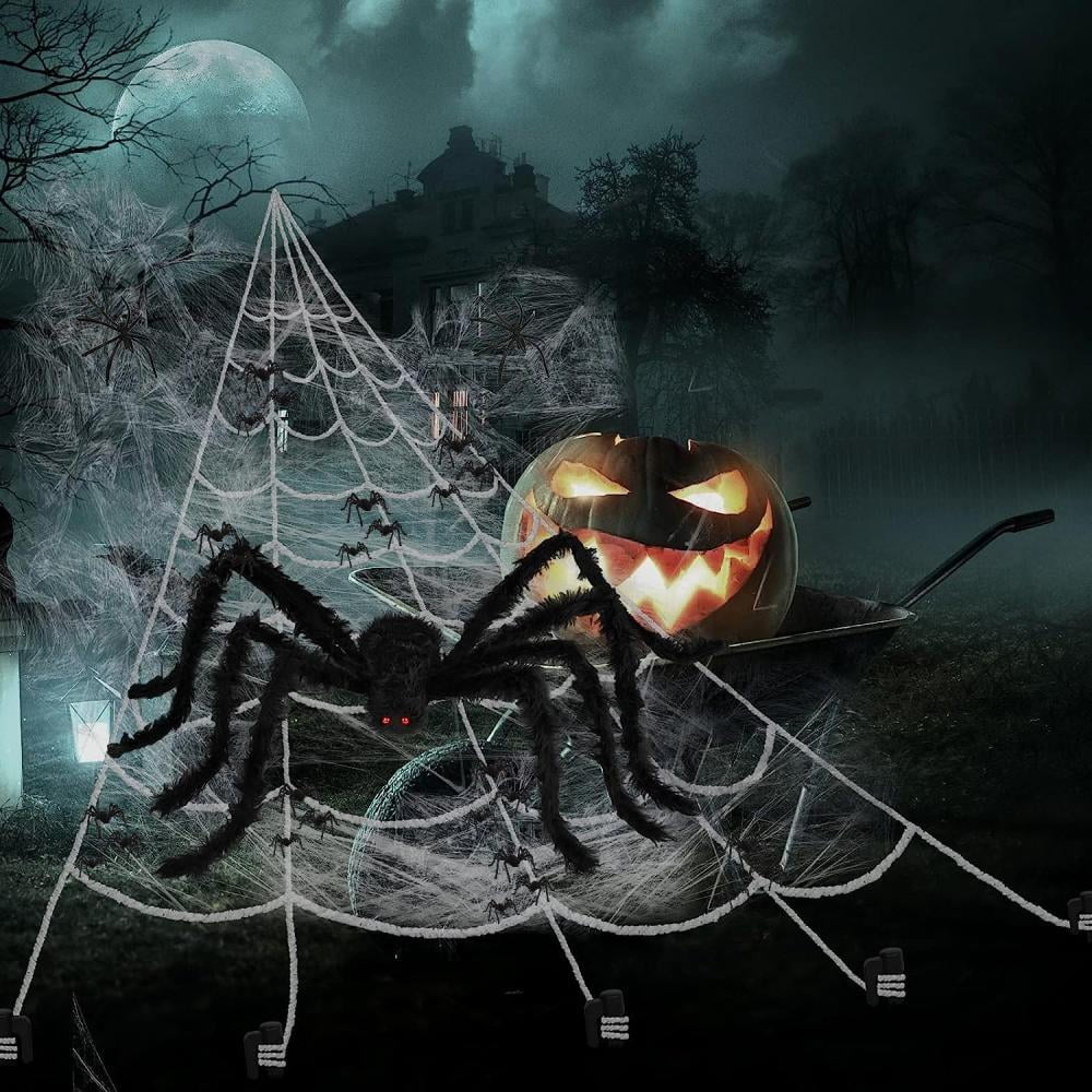 Halloween Spider Decorations Set 5Ft Giant Spider 16.4Ft Spider Webs 20 Small Spiders Cotton Wool Yard Home Party Haunted Decor