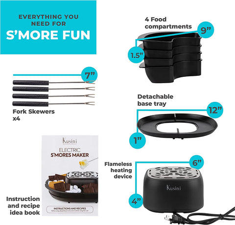 Smores Maker Tabletop Indoor - Flameless Electric Marshmallow Roaster – 4 Detachable Trays & 4 Roasting Forks – Gift Set & Date Night Idea. Movie Night Supplies & Housewarming Gift