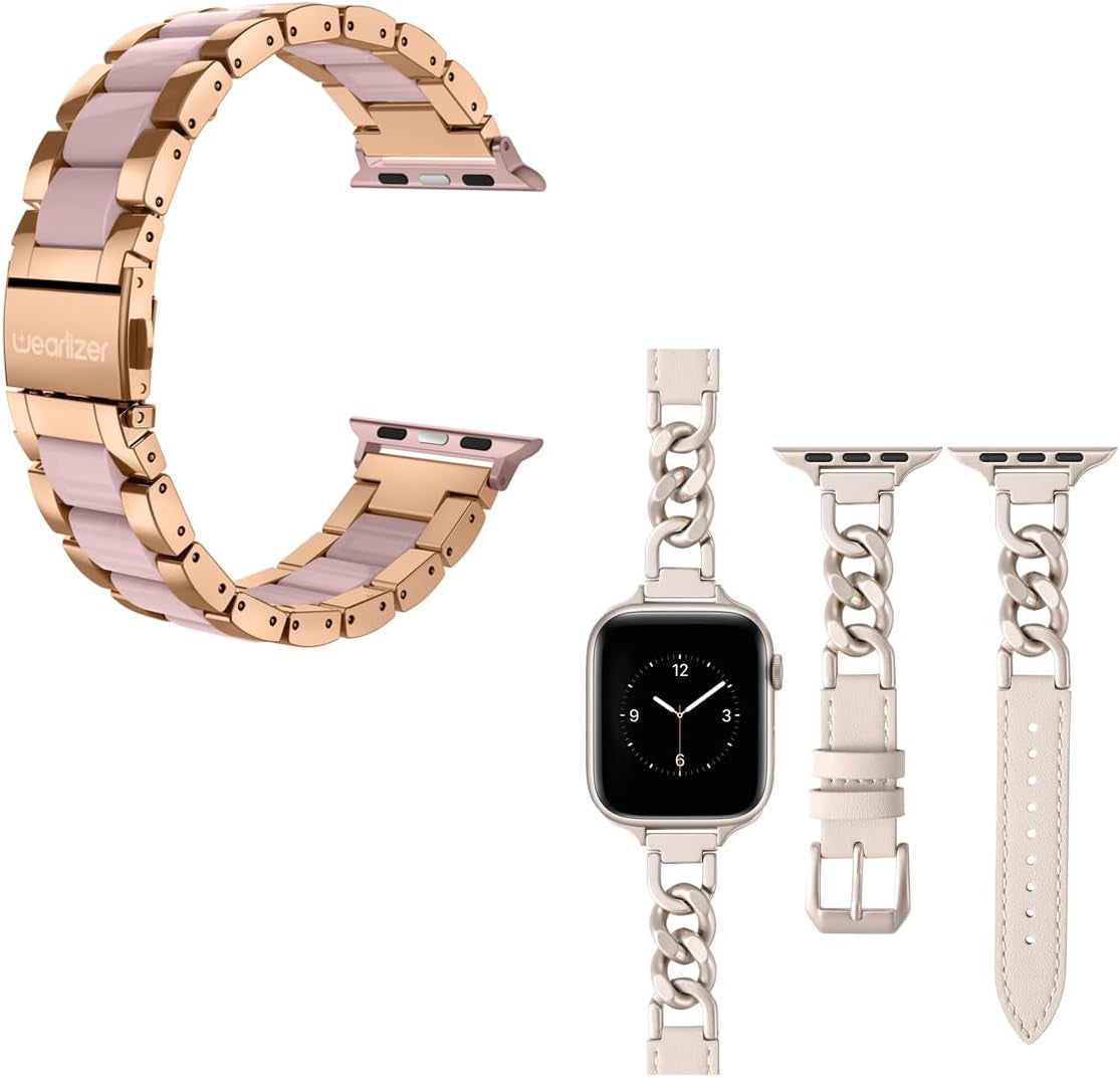 Leather Band Compatible with Apple Watch Band 41Mm 40Mm 38Mm Women, Chain Leather Band + Resin Band(Starlight/Starlight+Dark Rose Gold/Pink