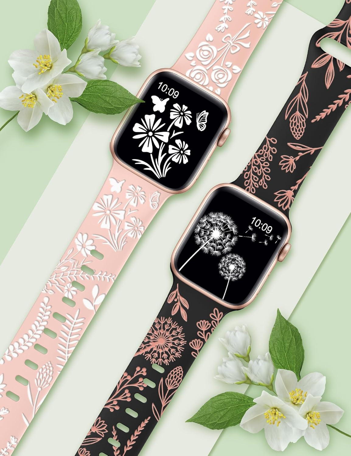 Compatible with Apple Watch Bands 41Mm 40Mm 38Mm 49Mm 45Mm 44Mm 42Mm Women, Stainless Steel Resin+Floral Engraved Iwatch Band(Black/Peach Pink + Pink/White,Dark Rose Gold+Pink)