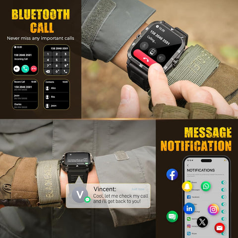 Military Smart Watch for Men 3ATM Waterproof Watch + Military Smart Watch for Men with Flashlight 3ATM Waterproof Watch 2.02'' Big Screen Fitness Tracker