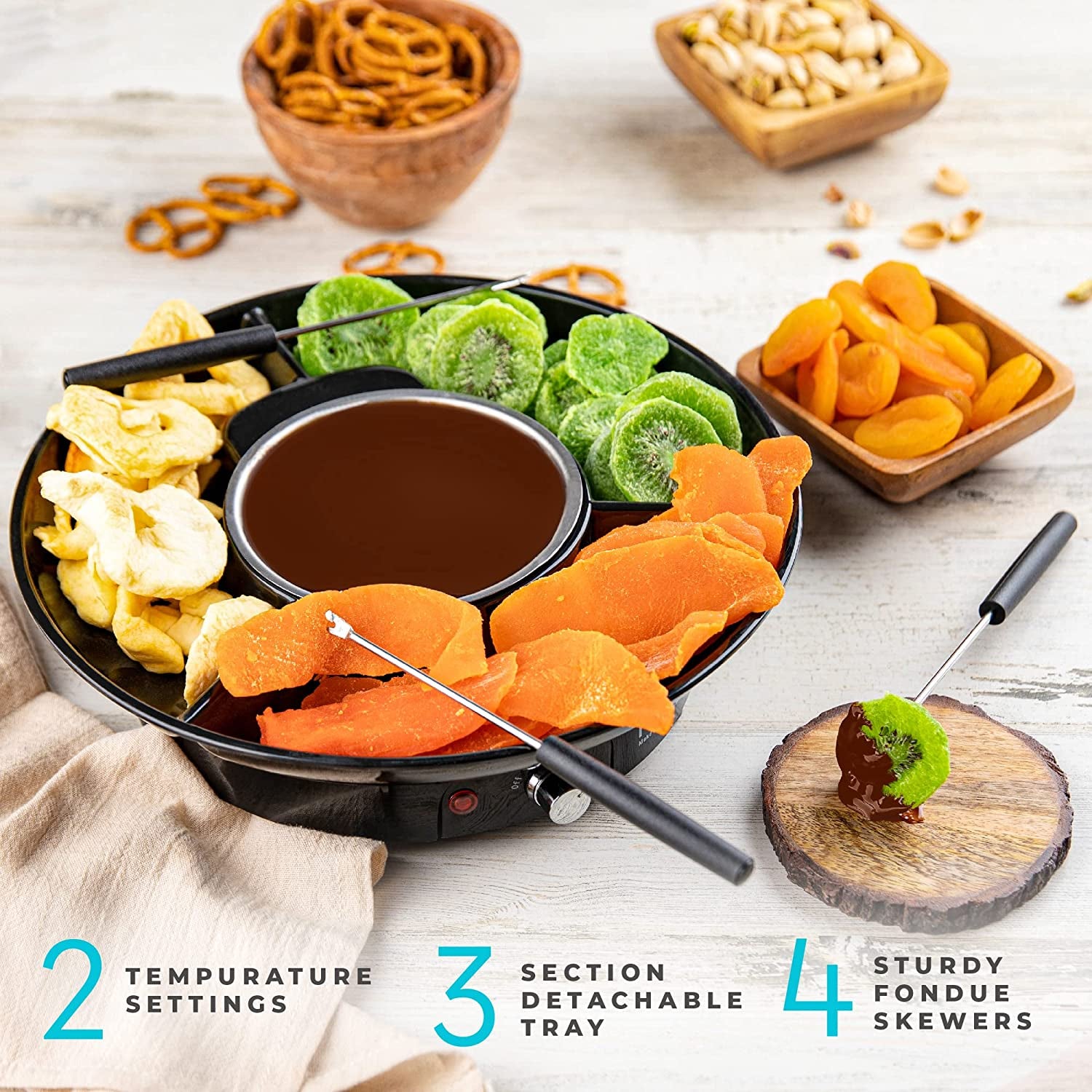 Electric Fondue Pot Set - Chocolate Fondue Kit - Temperature Control, Detachable Serving Trays, & 4 Roasting Forks - Gift Set & Date Night Idea. Serve at Movie Night or Game Night.