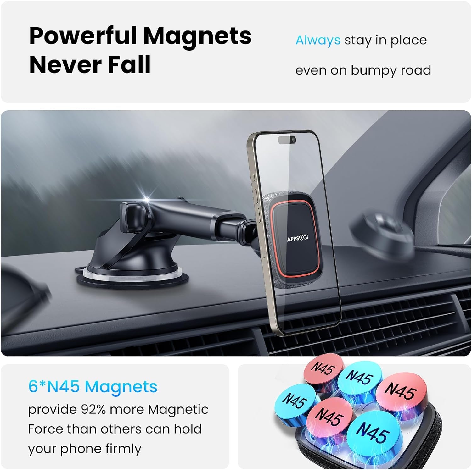 Magnetic Phone Car Mount, Universal Dashboard Windshield Industrial-Strength Suction Cup Car Phone Mount Holder with Adjustable Telescopic Arm,6 Strong Magnets,For All Cell Phones