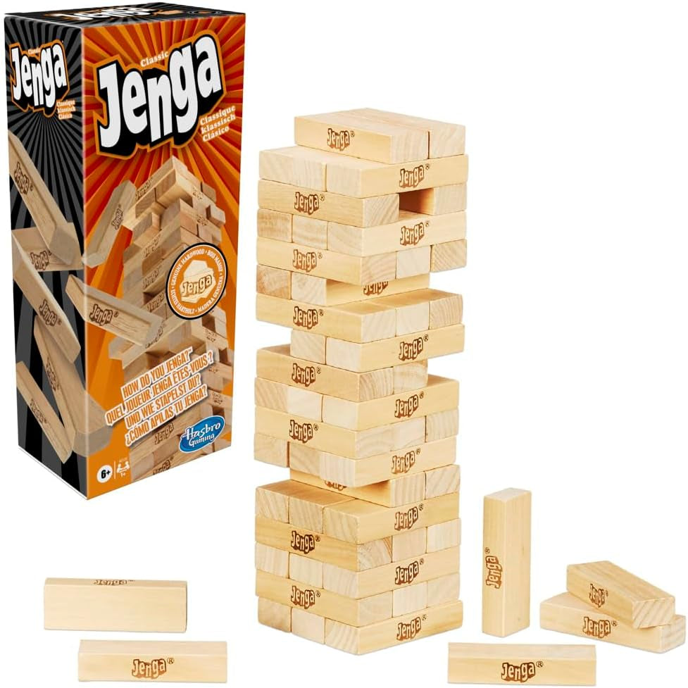 Jenga Classic Game with Genuine Hardwood Blocks,Stacking Tower Game for 1 or More Players,Kids Ages 6 and Up