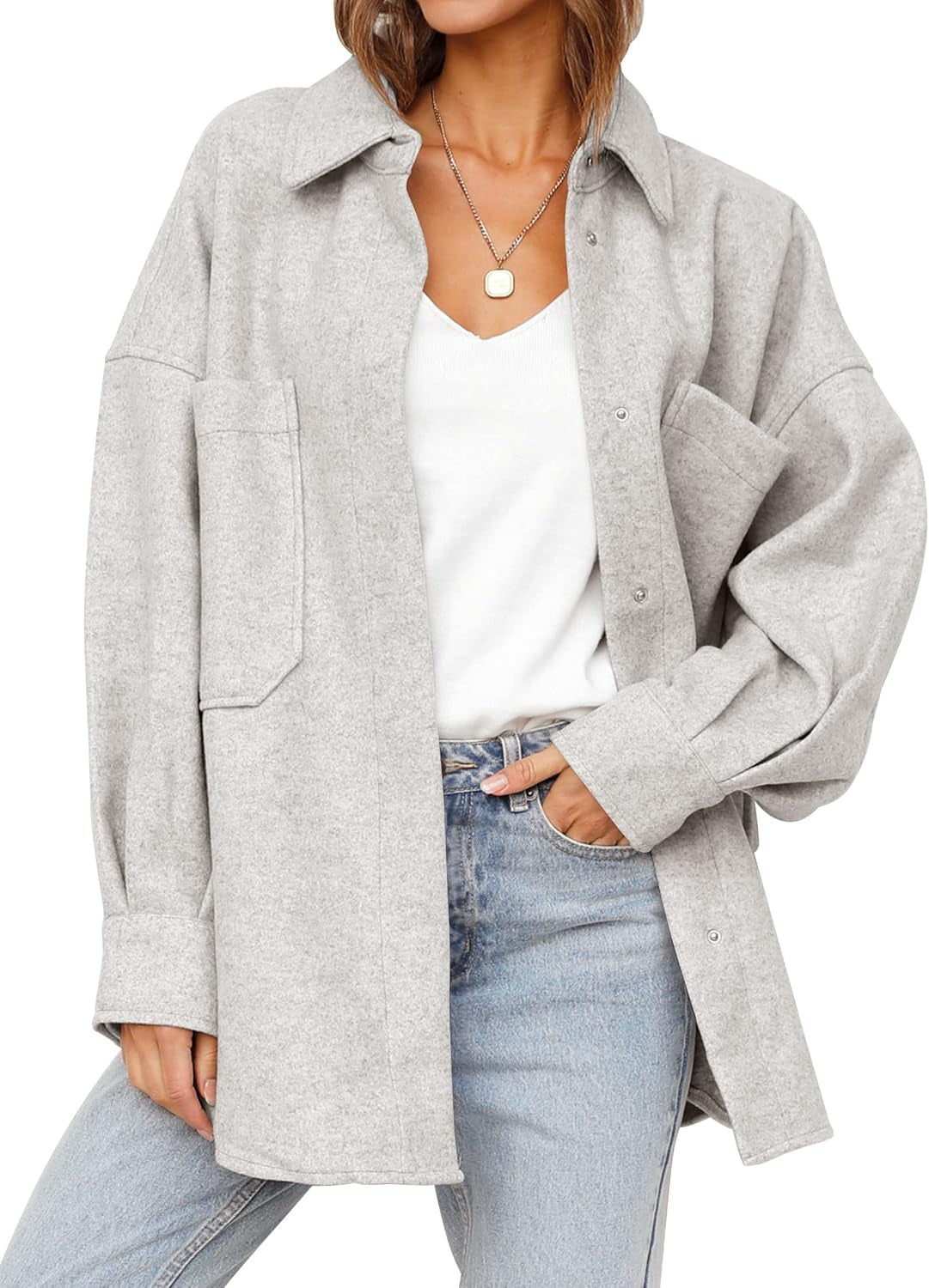 Women'S 2024 Fall Oversized Long Sleeve Shacket Jacket Button down Wool Blend Coats with Pockets