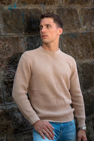 Mens Crewneck Pullover Sweater Waffle Textured Long Sleeve Knitted Sweaters