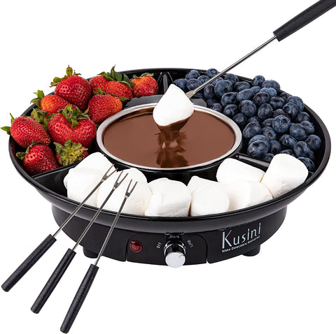 Electric Fondue Pot Set - Chocolate Fondue Kit - Temperature Control, Detachable Serving Trays, & 4 Roasting Forks - Gift Set & Date Night Idea. Serve at Movie Night or Game Night.