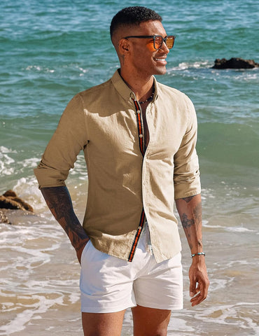 Men'S Linen Shirts Long Sleeve Casual Button down Shirt Breathable Dress Shirts